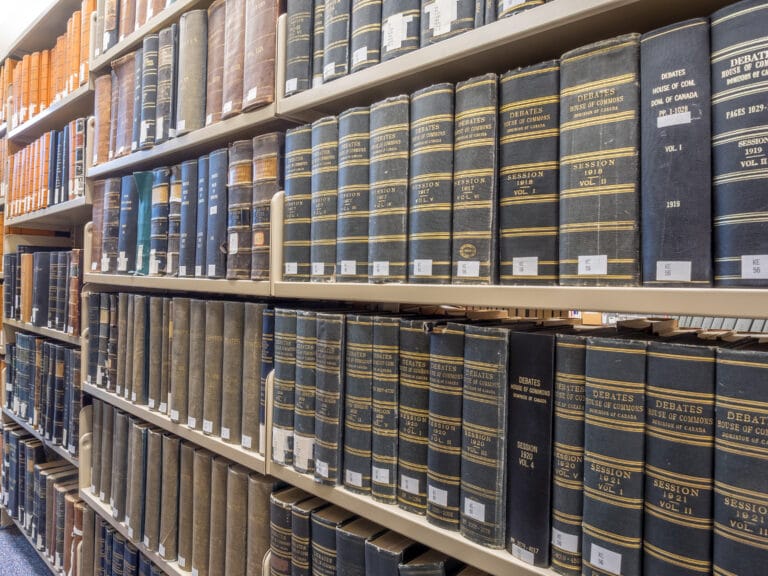 Shelves of bound law books in a library