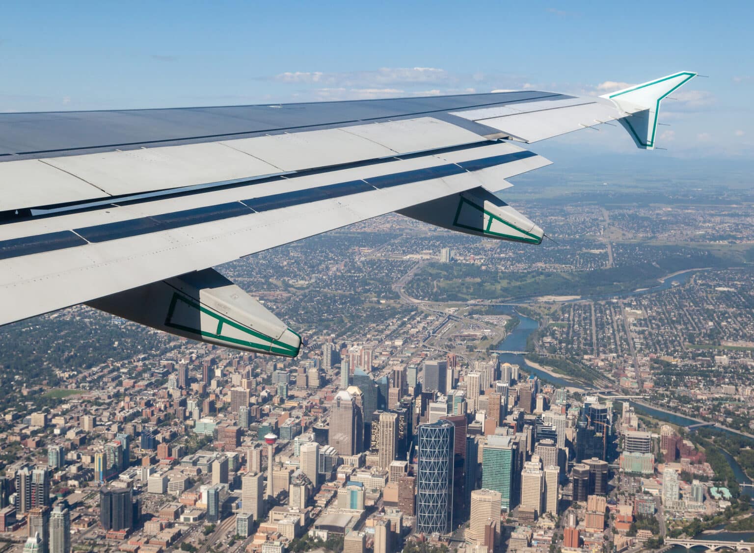 Aerial view of Calgary neighbourhoods and the river from above